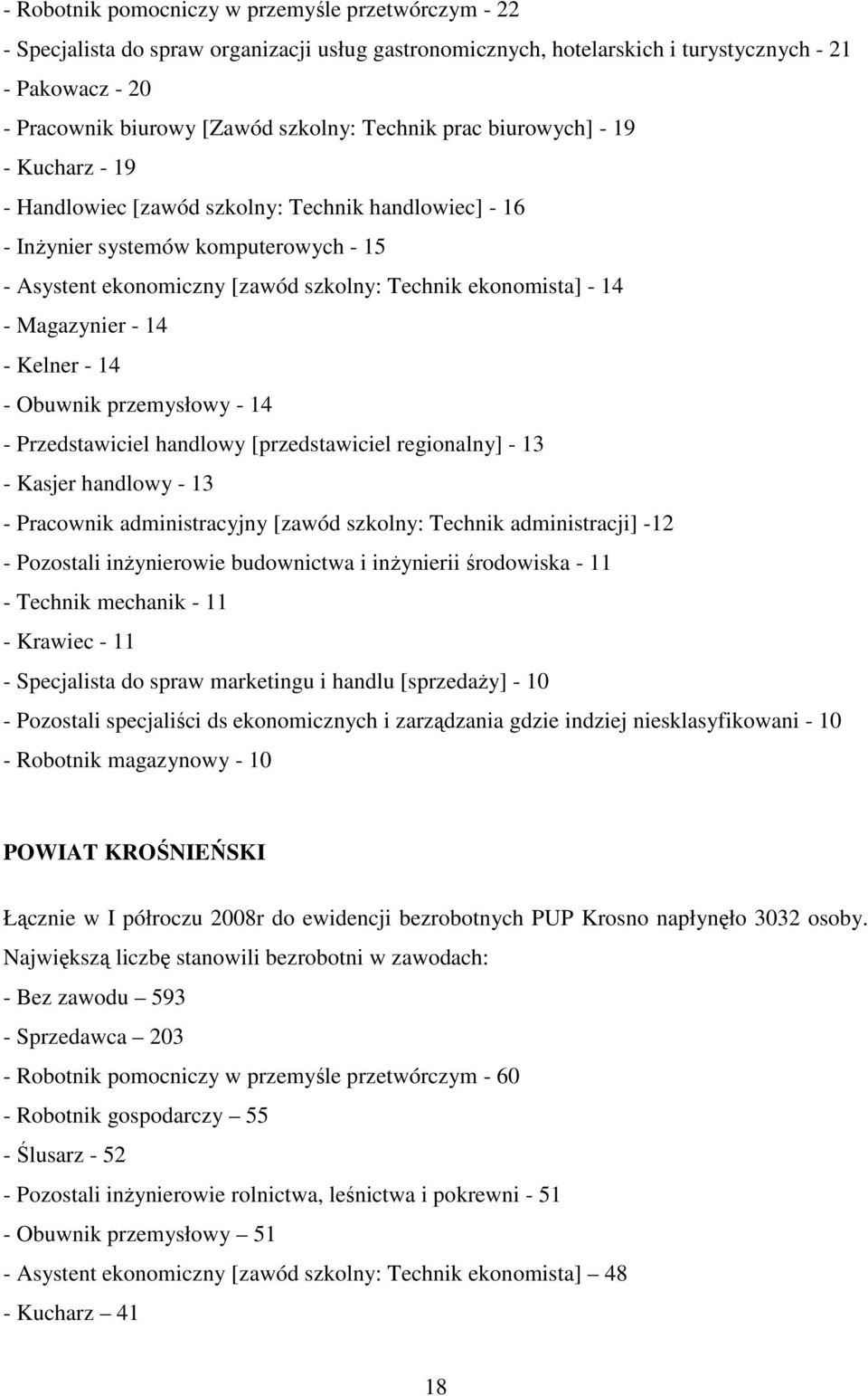 14 - Magazynier - 14 - Kelner - 14 - Obuwnik przemysłowy - 14 - Przedstawiciel handlowy [przedstawiciel regionalny] - 13 - Kasjer handlowy - 13 - Pracownik administracyjny [zawód szkolny: Technik