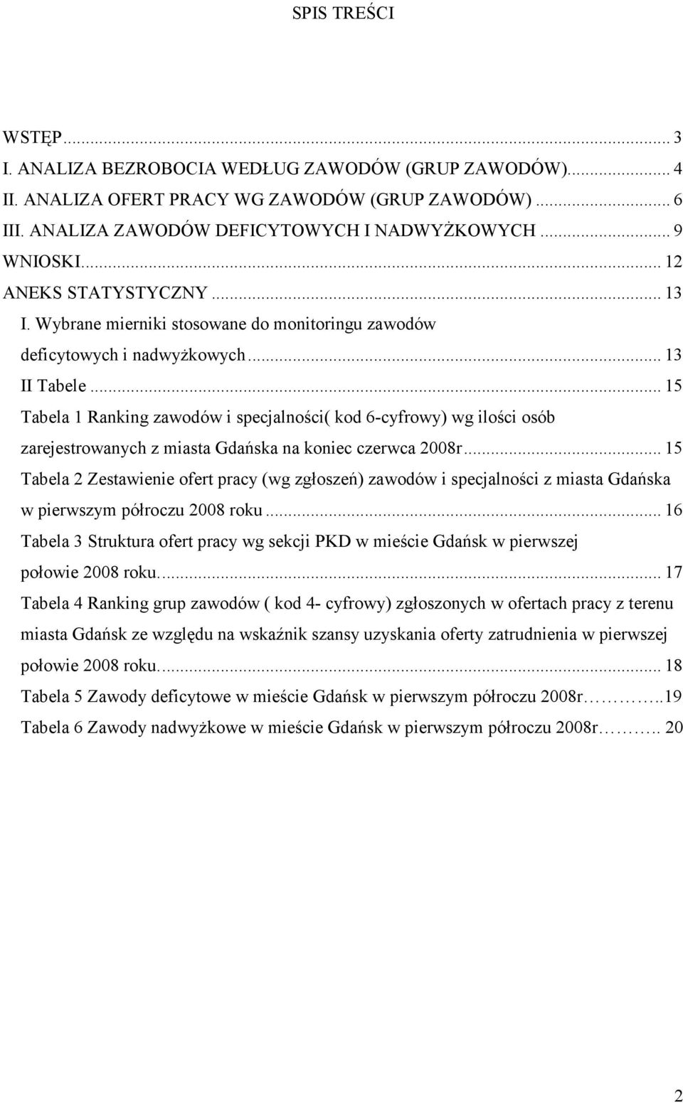 .. 15 Tabela 1 Raning zawodów i specjalności( od 6-cyfrowy) wg ilości osób zarejestrowanych z miasta Gdańsa na oniec czerwca 2008r.