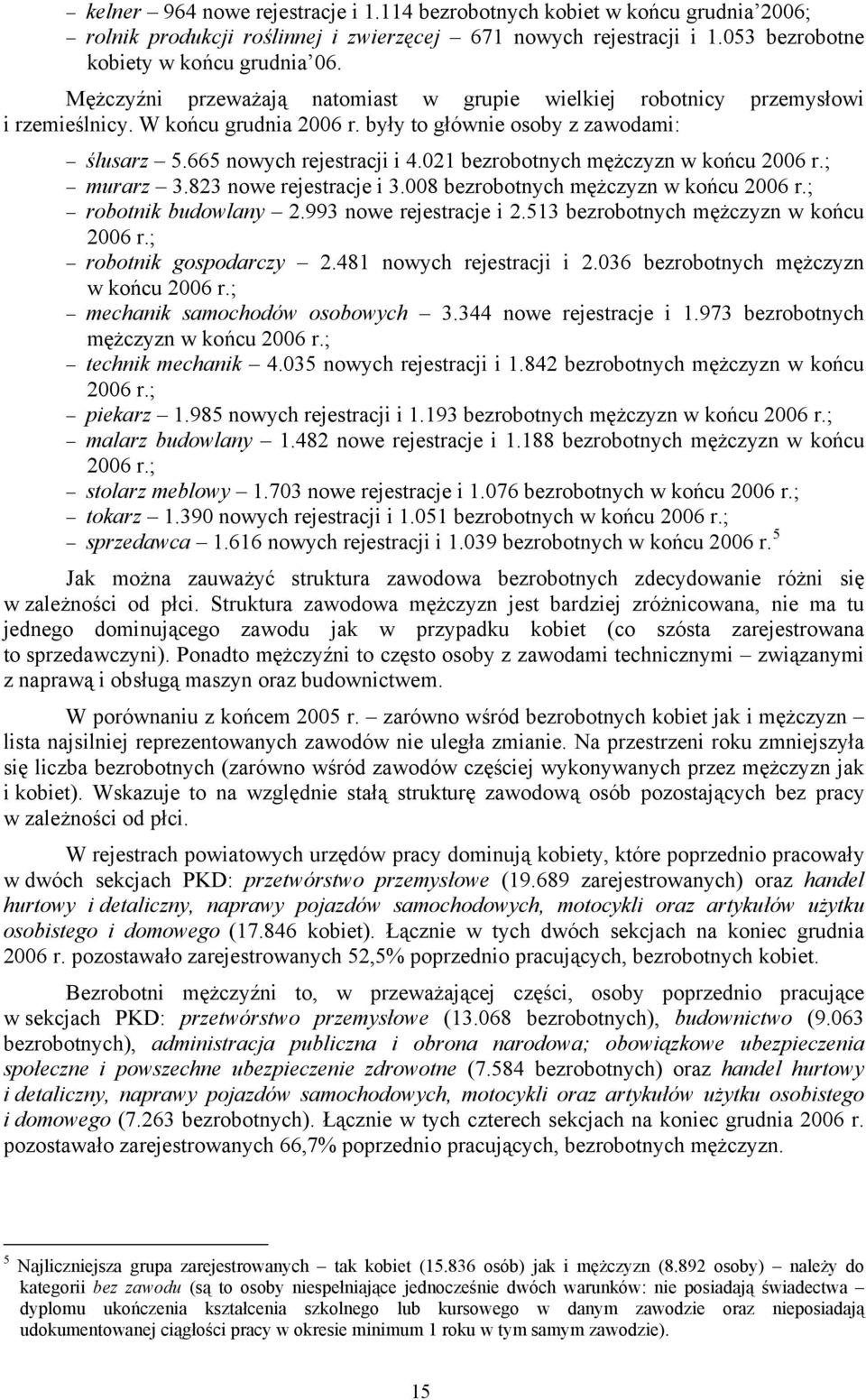 021 bezrobotnych mężczyzn w końcu 2006 r.; murarz 3.823 nowe rejestracje i 3.008 bezrobotnych mężczyzn w końcu 2006 r.; robotnik budowlany 2.993 nowe rejestracje i 2.