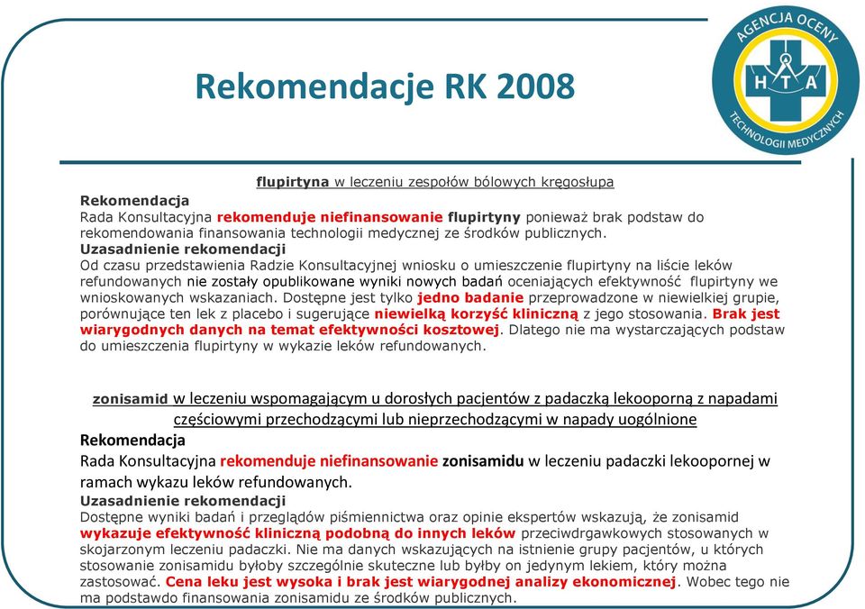 Od czasu przedstawienia Radzie Konsultacyjnej wniosku o umieszczenie flupirtyny na liście leków refundowanych nie zostały opublikowane wyniki nowych badań oceniających efektywność flupirtyny we