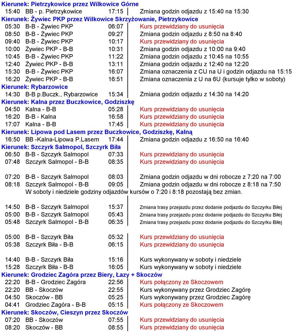 Żywiec PKP 09:27 Zmiana godzin odjazdu z 8:50 na 8:40 09:40 B-B - Żywiec PKP 10:17 Kurs przewidziany do usunięcia 10:00 Żywiec PKP - B-B 10:31 Zmiana godzin odjazdu z 10:00 na 9:40 10:45 B-B - Żywiec