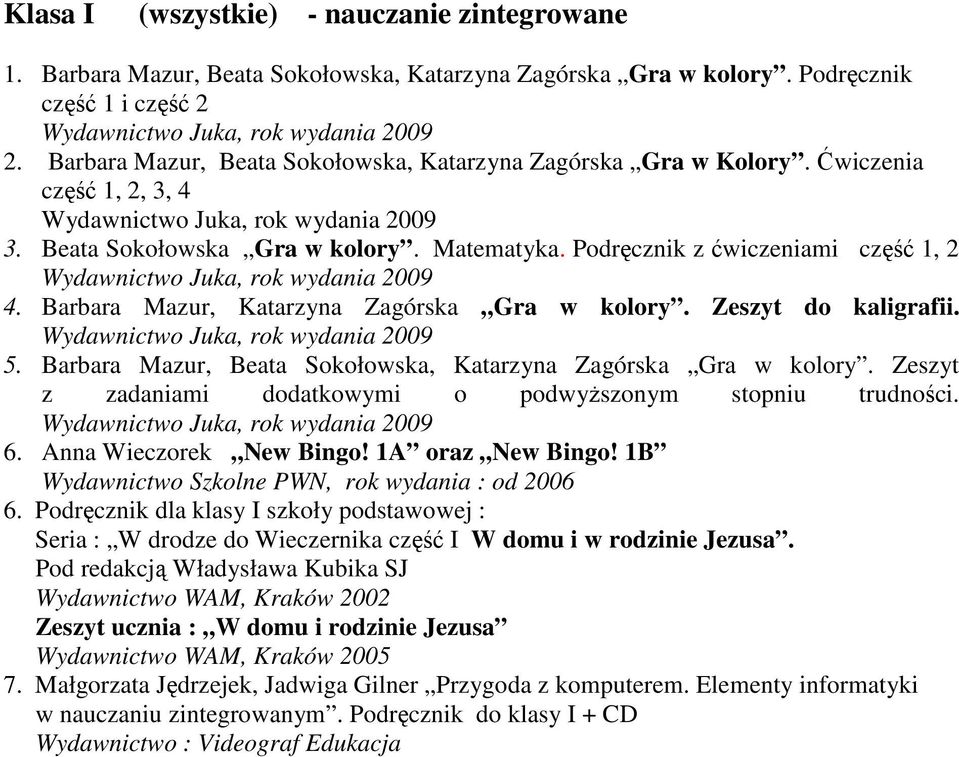 Podręcznik z ćwiczeniami część 1, 2 Juka, rok wydania 2009 4. Barbara Mazur, Katarzyna Zagórska Gra w kolory. Zeszyt do kaligrafii. Juka, rok wydania 2009 5.