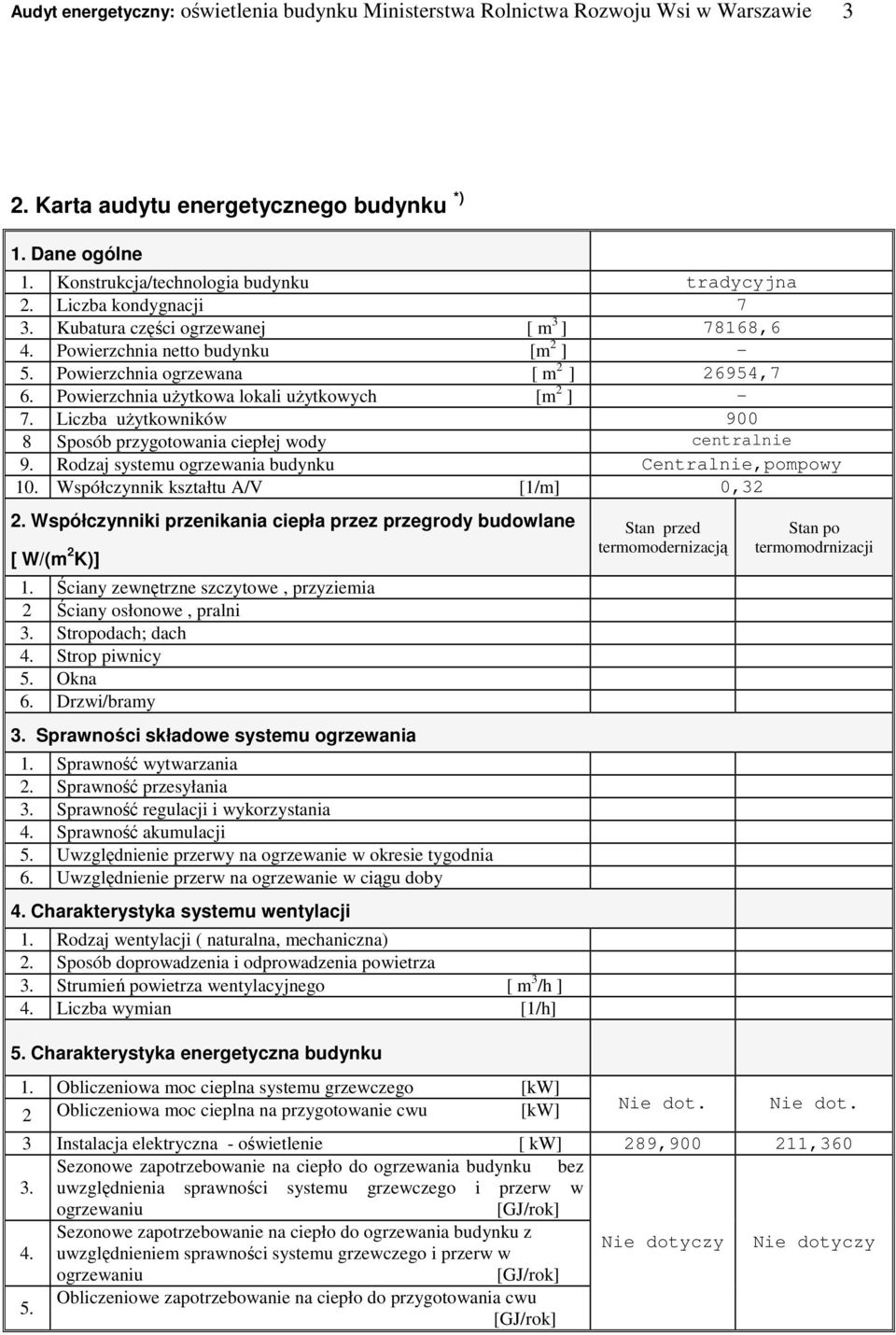 Powierzchnia użytkowa lokali użytkowych [m 2 ] - 7. Liczba użytkowników 900 8 Sposób przygotowania ciepłej wody centralnie 9. Rodzaj systemu ogrzewania budynku Centralnie,pompowy 10.