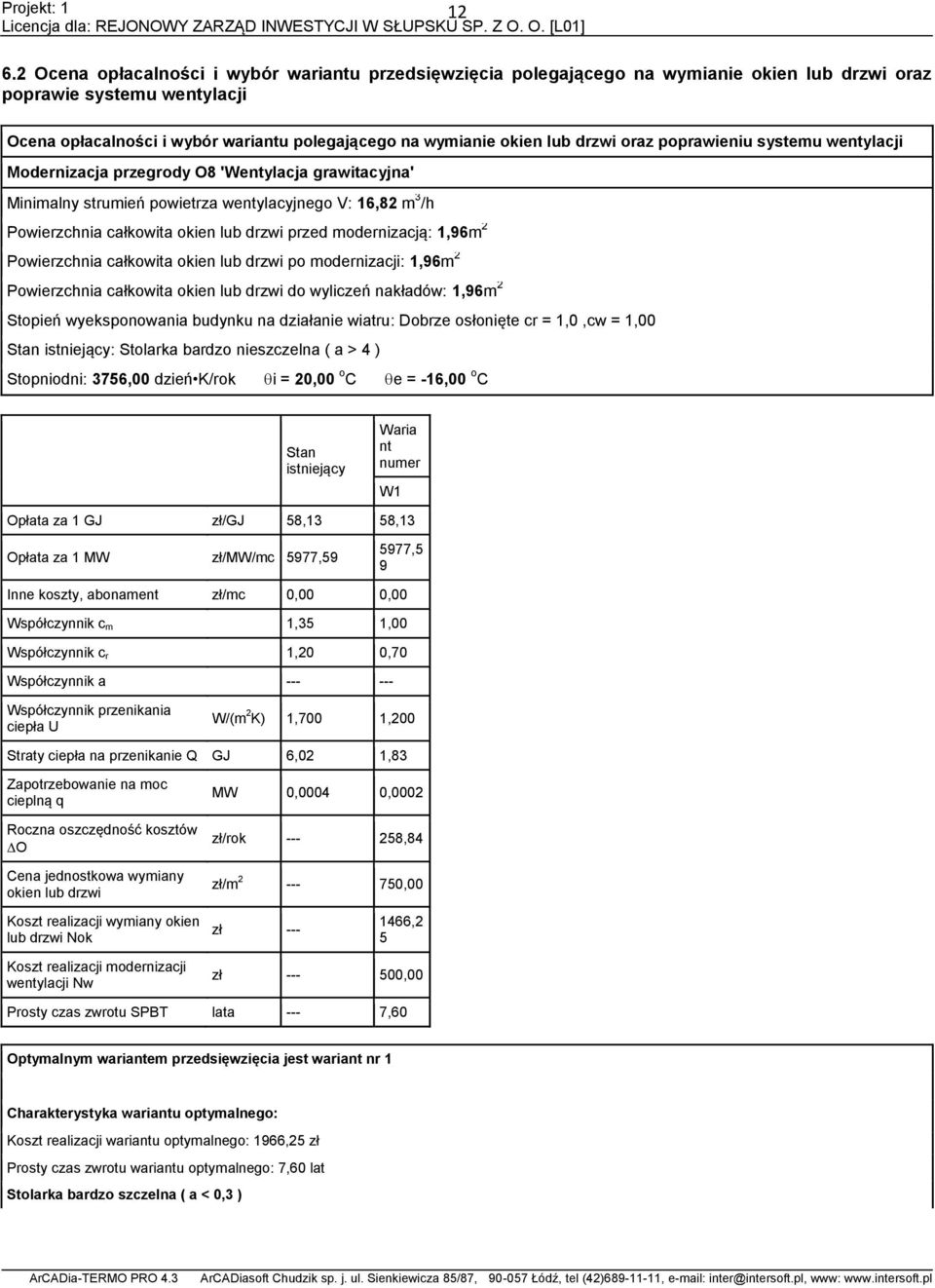 przed modernizacją: 1,6m 2 Powierzchnia całkowita okien lub drzwi po modernizacji: 1,6m 2 Powierzchnia całkowita okien lub drzwi do wyliczeń nakładów: 1,6m 2 Stopień wyeksponowania budynku na