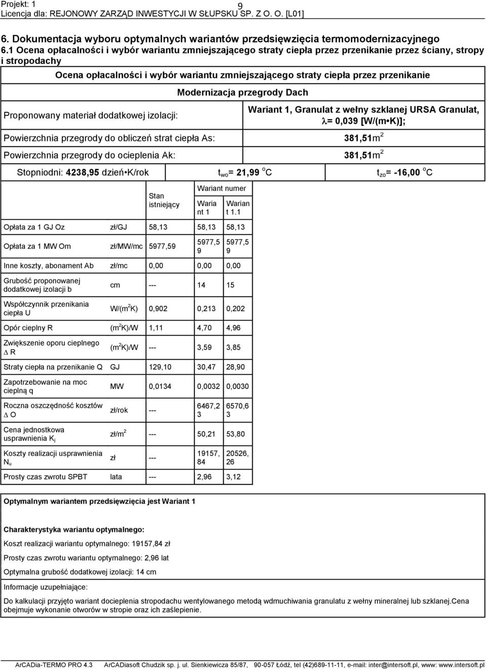 przenikanie Proponowany materiał dodatkowej izolacji: Modernizacja przegrody Dach Wariant 1, Granulat z wełny szklanej URSA Granulat, = 0,03 [W/(m K)]; Powierzchnia przegrody do obliczeń strat ciepła