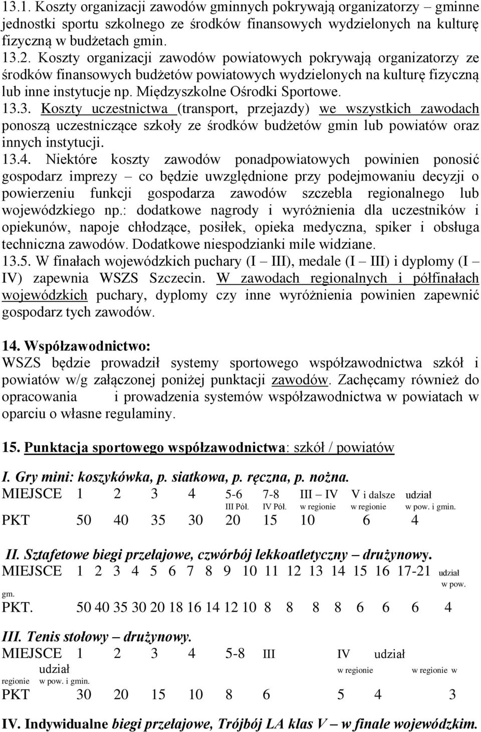 3. Koszty uczestnictwa (transport, przejazdy) we wszystkich zawodach ponoszą uczestniczące szkoły ze środków budżetów gmin lub powiatów oraz innych instytucji. 13.4.