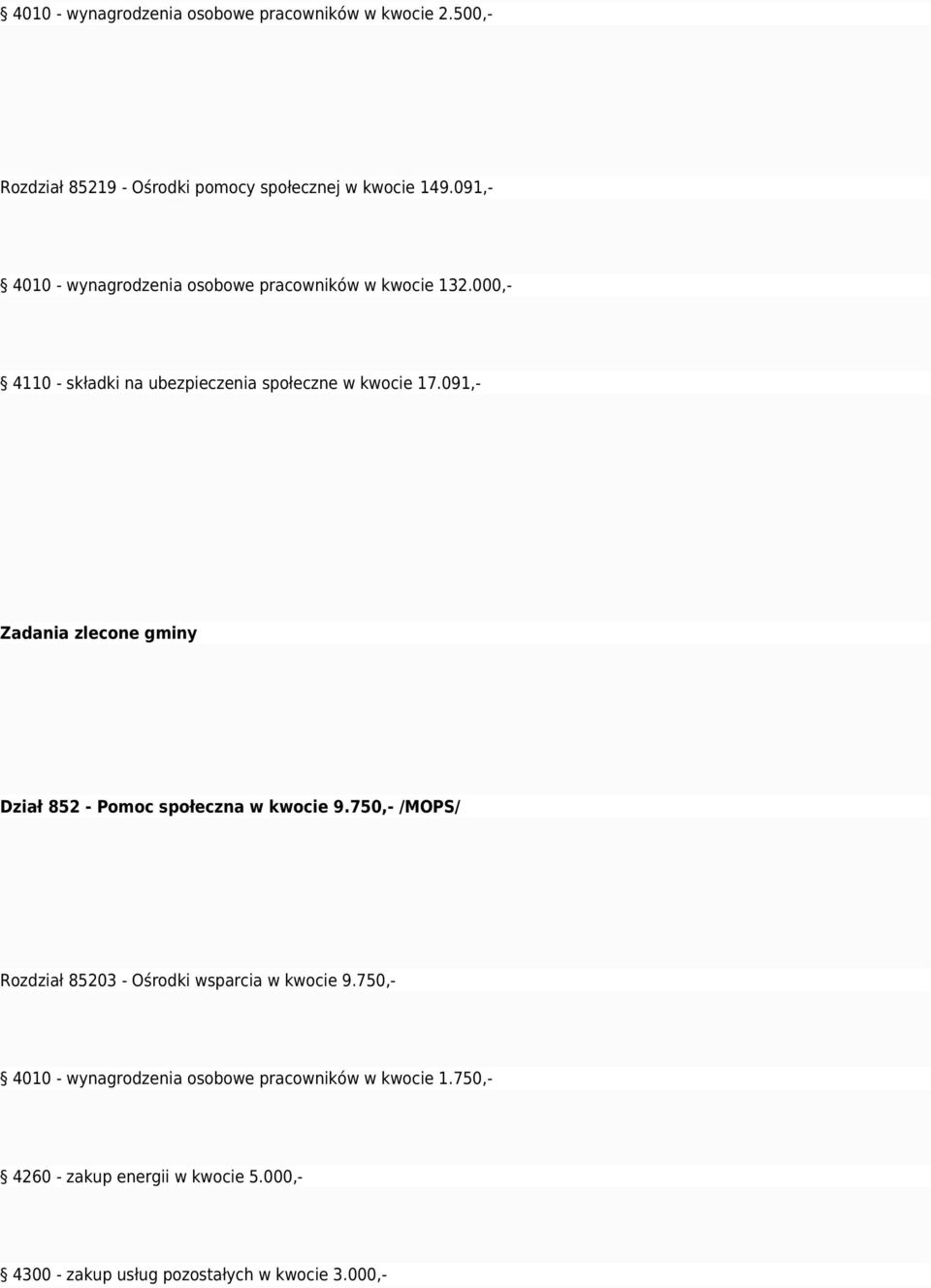 091,- Zadania zlecone gminy Dział 852 - Pomoc społeczna w kwocie 9.750,- /MOPS/ Rozdział 85203 - Ośrodki wsparcia w kwocie 9.