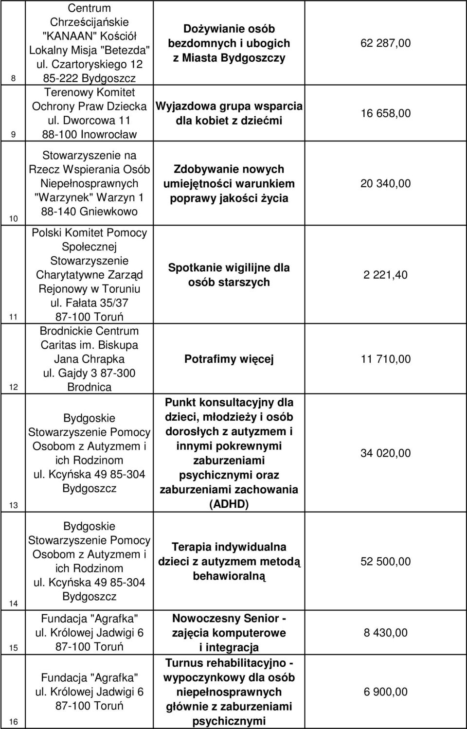 Fałata 35/37 Brodnickie Centrum Caritas im. Biskupa Jana Chrapka ul. Gajdy 3 87-300 Brodnica Bydgoskie Pomocy Osobom z Autyzmem i ich Rodzinom ul.