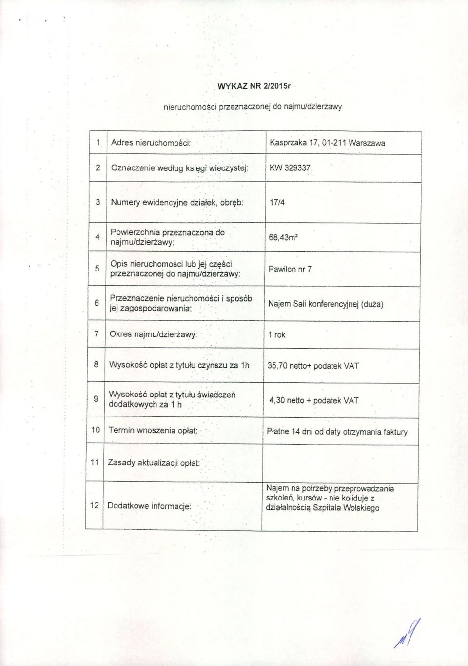 sposob jej zagospodarowania:... Najem Sai konferencyjnej (duza) '7 Okres najmu/dzierzawy:. 1 rok.