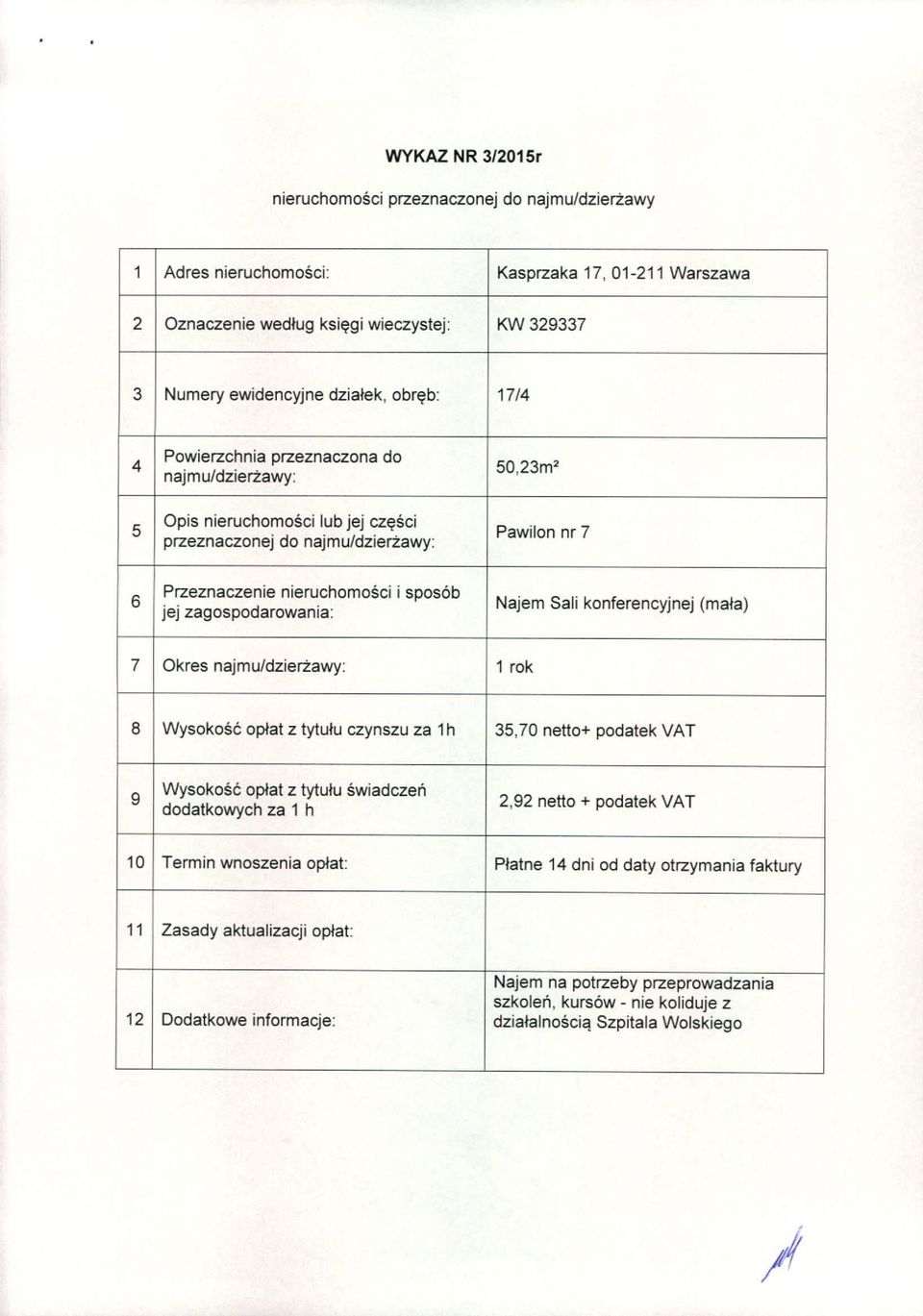 (mala) 7 Okres najmu/dziertawy: 1 rok 8 Wysokosc oplat z tylulu czynszu za 1h 3,70 netto+ podatek VAT Wysokosc oplat z tylu!