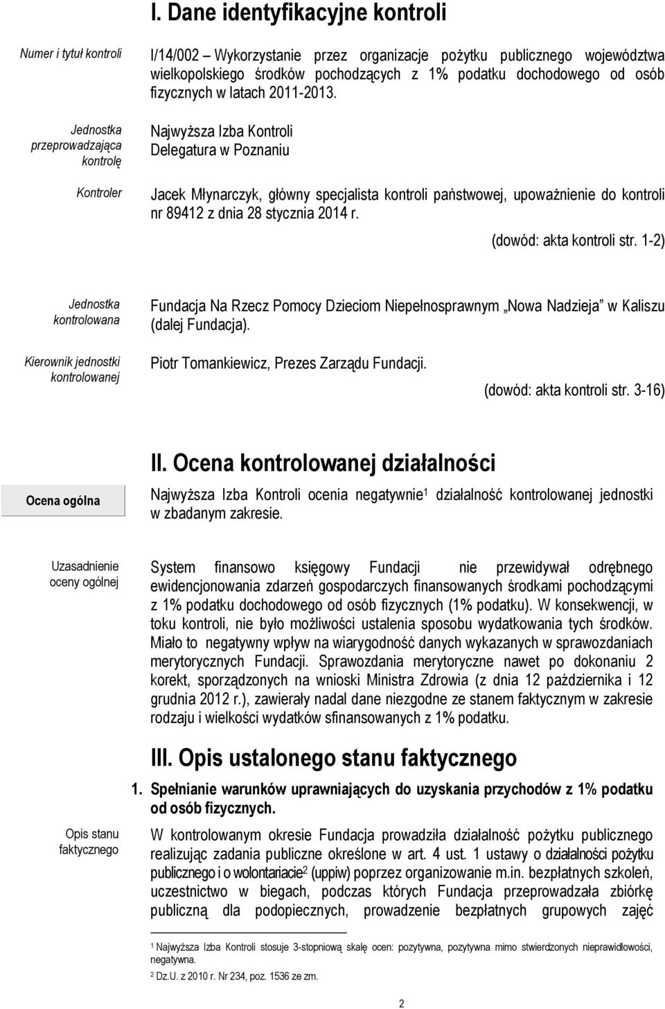 Najwyższa Izba Kontroli Delegatura w Poznaniu Jacek Młynarczyk, główny specjalista kontroli państwowej, upoważnienie do kontroli nr 89412 z dnia 28 stycznia 2014 r. (dowód: akta kontroli str.