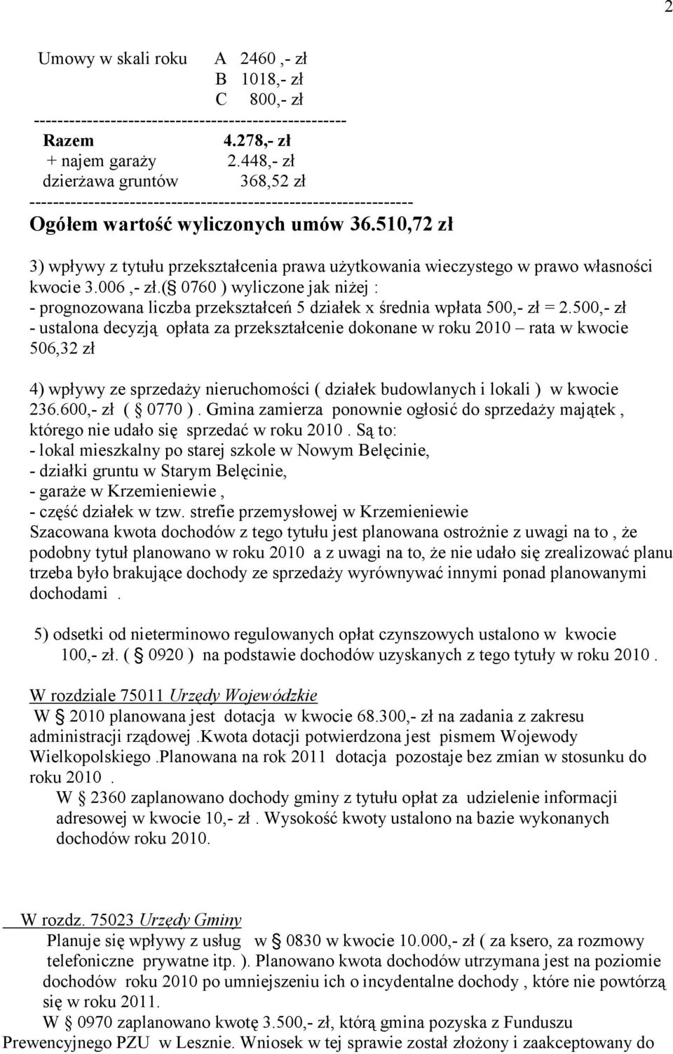 510,72 zł 3) wpływy z tytułu przekształcenia prawa uŝytkowania wieczystego w prawo własności kwocie 3.006,- zł.