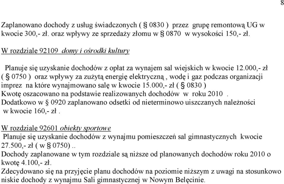 000,- zł ( 0750 ) oraz wpływy za zuŝytą energię elektryczną, wodę i gaz podczas organizacji imprez na które wynajmowano salę w kwocie 15.