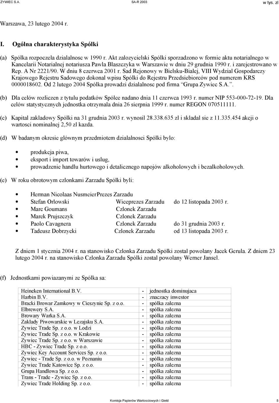 W dniu 8 czerwca 2001 r. Sad Rejonowy w Bielsku-Bialej, VIII Wydzial Gospodarczy Krajowego Rejestru Sadowego dokonal wpisu Spólki do Rejestru Przedsiebiorców pod numerem KRS 0000018602.