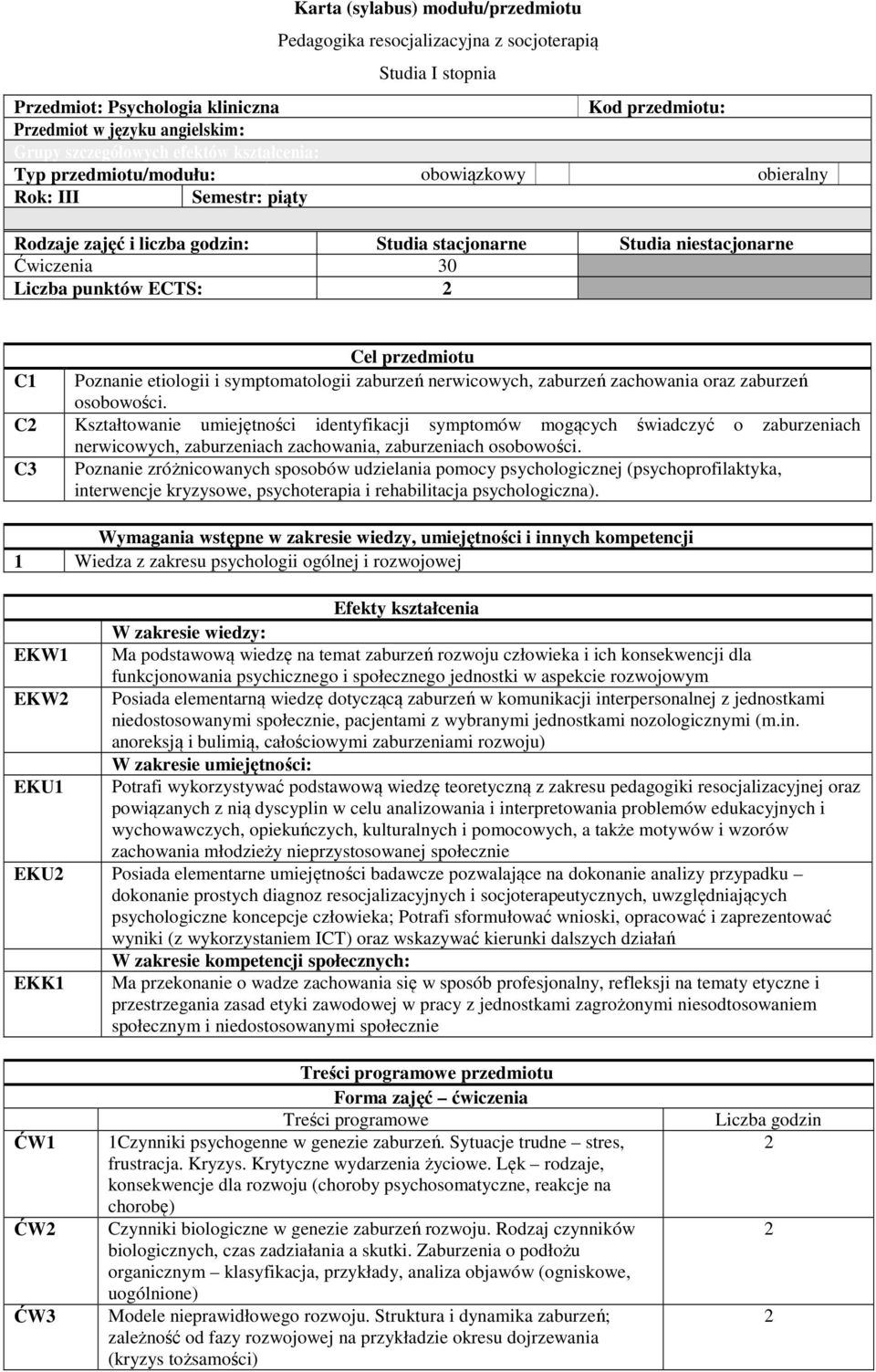 przedmiotu C1 Poznanie etiologii i symptomatologii zaburzeń nerwicowych, zaburzeń zachowania oraz zaburzeń osobowości.