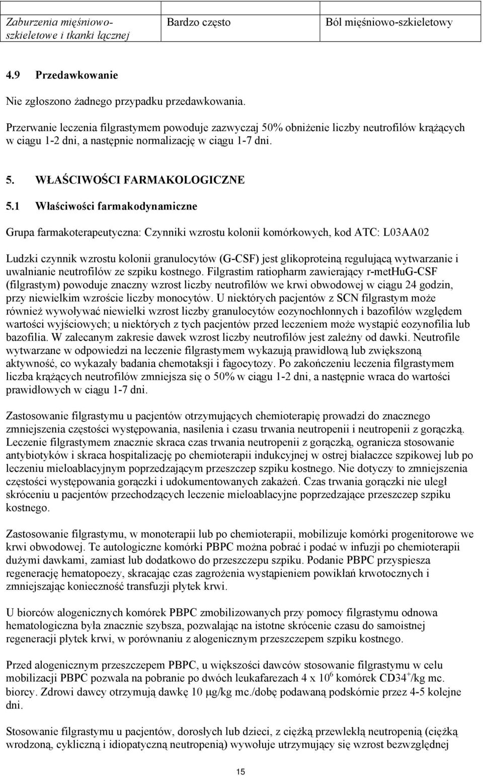 1 Właściwości farmakodynamiczne Grupa farmakoterapeutyczna: Czynniki wzrostu kolonii komórkowych, kod ATC: L03AA02 Ludzki czynnik wzrostu kolonii granulocytów (G-CSF) jest glikoproteiną regulującą