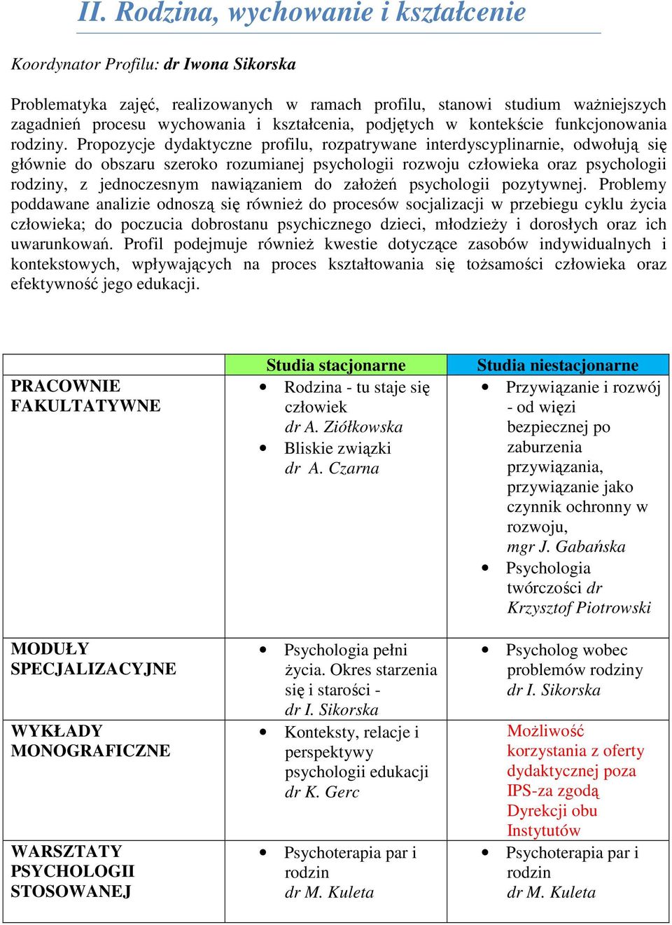 Propozycje dydaktyczne profilu, rozpatrywane interdyscyplinarnie, odwołują się głównie do obszaru szeroko rozumianej psychologii rozwoju człowieka oraz psychologii rodziny, z jednoczesnym nawiązaniem