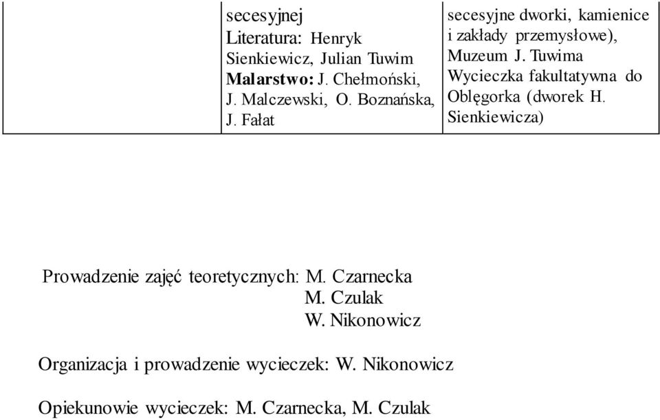 Tuwima Oblęgorka (dworek H. Sienkiewicza) Prowadzenie zajęć teoretycznych: M. Czarnecka M.