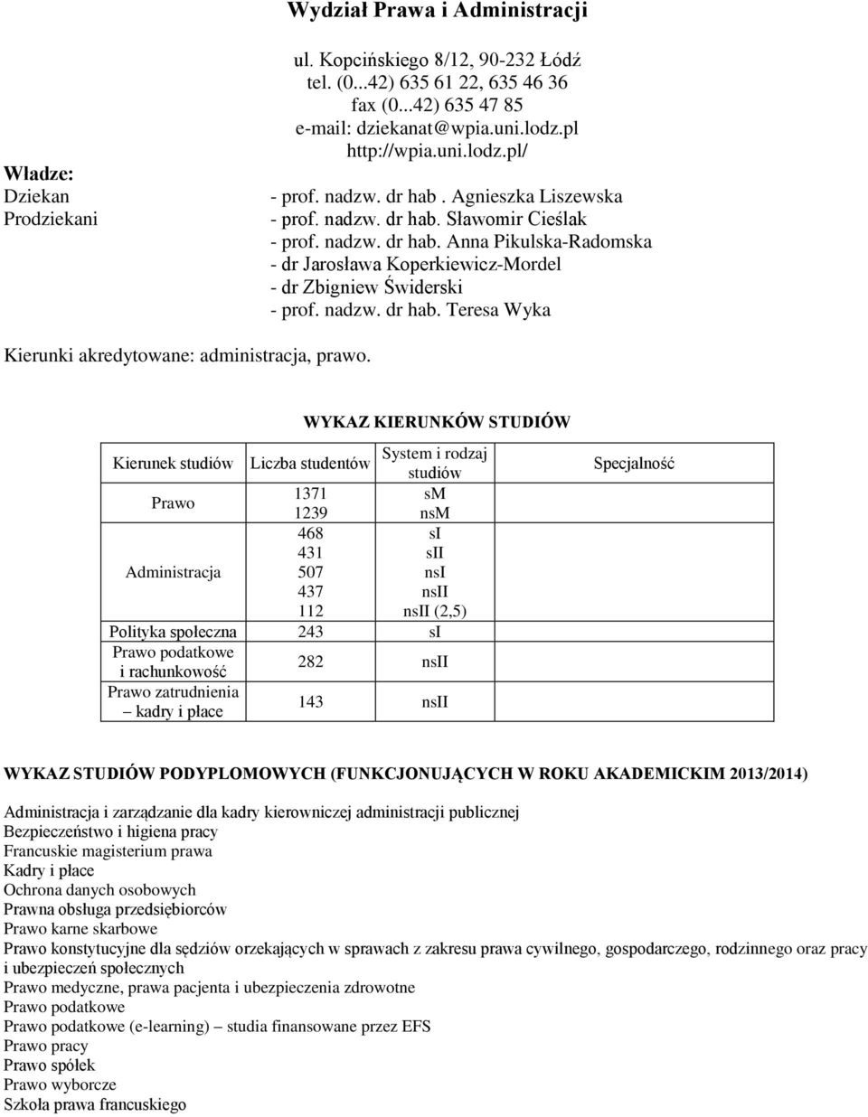 nadzw. dr hab. Teresa Wyka Kierunki akredytowane: administracja, prawo.