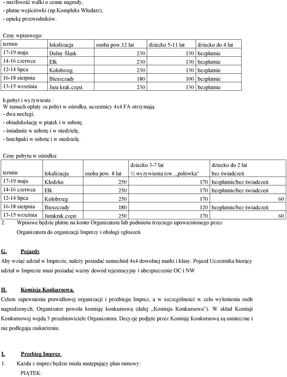 bezpłatnie 13-15 września Jura krak.częst. 230 130 bezpłatnie b.