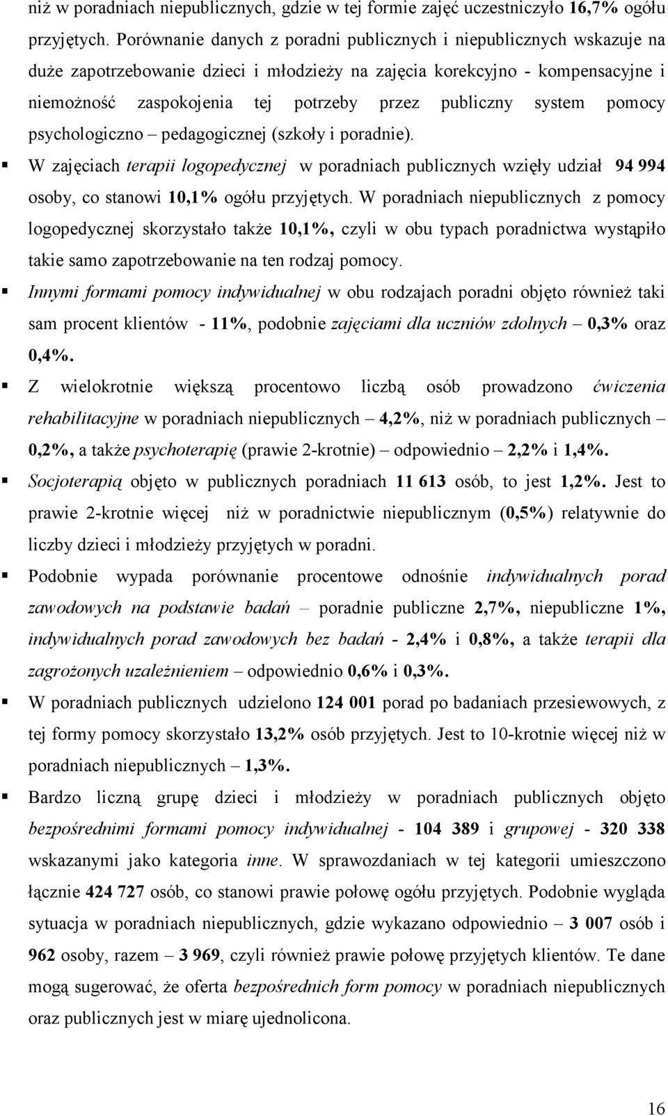 publiczny system pomocy psychologiczno pedagogicznej (szkoły i poradnie). W zajęciach terapii logopedycznej w poradniach publicznych wzięły udział 94 994 osoby, co stanowi 10,1% ogółu przyjętych.