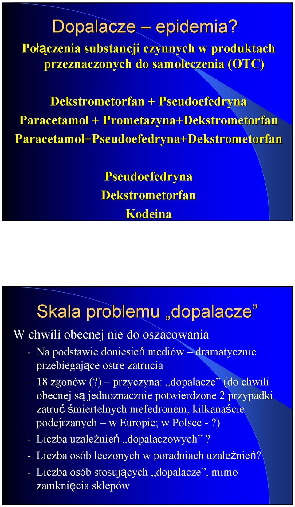 Paracetamol+Pseudoefedryna+Dekstrometorfan Pseudoefedryna Dekstrometorfan Kodeina Skala problemu dopalacze W chwili obecnej nie do oszacowania - Na podstawie doniesień mediów