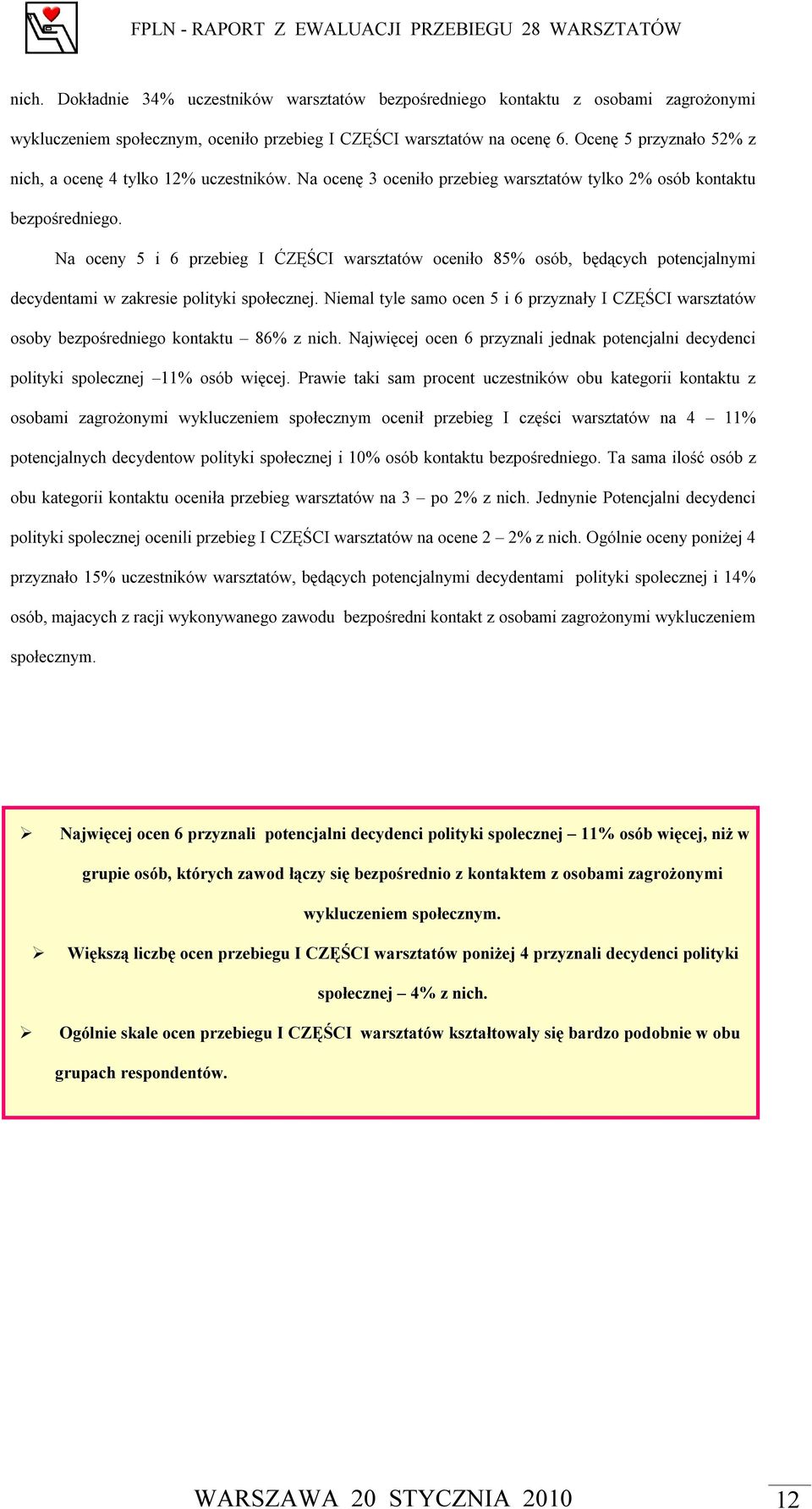 Na oceny 5 i 6 przebieg I ĆZĘŚCI warsztatów oceniło 85% osób, będących potencjalnymi decydentami w zakresie polityki społecznej.