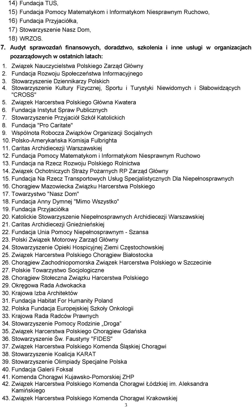 Fundacja Rozwoju Społeczeństwa Informacyjnego 3. Stowarzyszenie Dziennikarzy Polskich 4. Stowarzyszenie Kultury Fizycznej, Sportu i Turystyki Niewidomych i Słabowidzących "CROSS" 5.