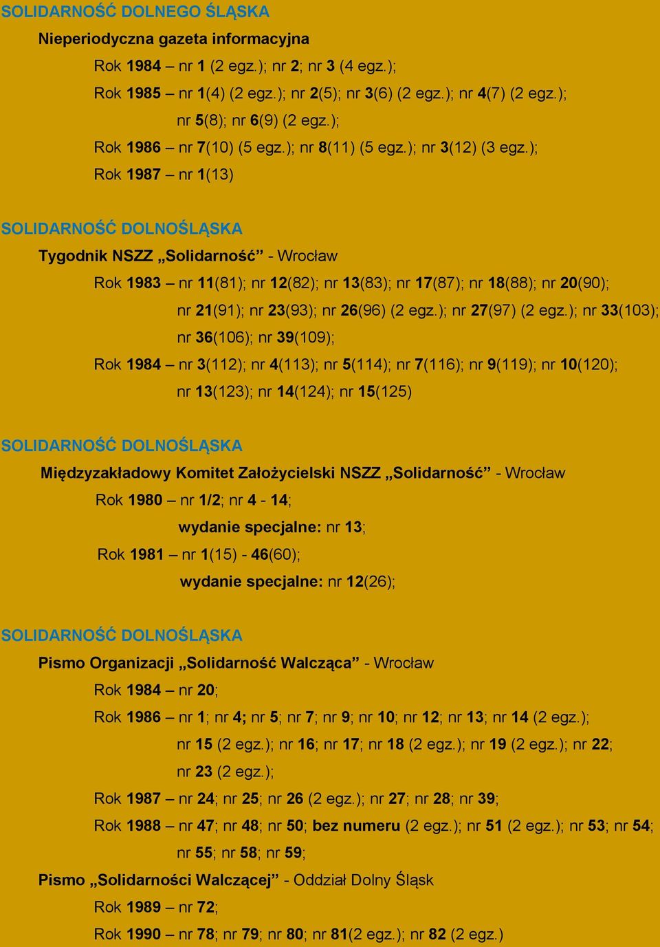 ); Rok 1987 nr 1(13) SOLIDARNOŚĆ DOLNOŚLĄSKA Tygodnik NSZZ Solidarność - Wrocław Rok 1983 nr 11(81); nr 12(82); nr 13(83); nr 17(87); nr 18(88); nr 20(90); nr 21(91); nr 23(93); nr 26(96) (2 egz.
