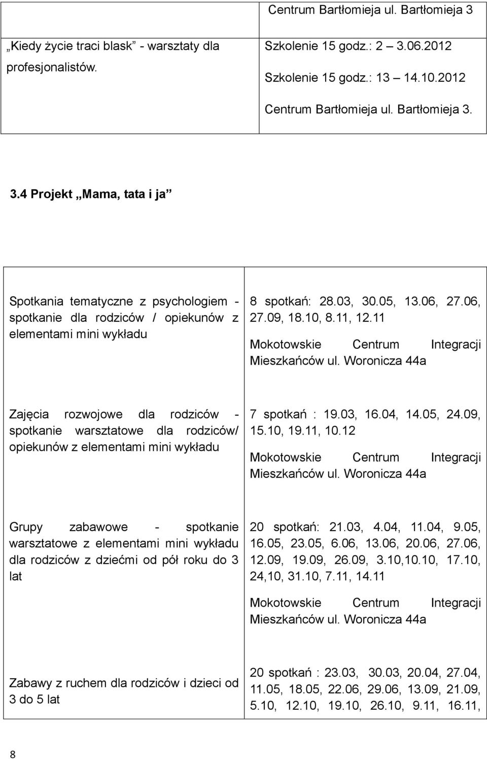 Woronicza 44a Zajęcia rozwojowe dla rodziców - spotkanie warsztatowe dla rodziców/ opiekunów z elementami mini wykładu 7 spotkań : 19.03, 16.04, 14.05, 24.09, 15.10, 19.11, 10.12 Mieszkańców ul.