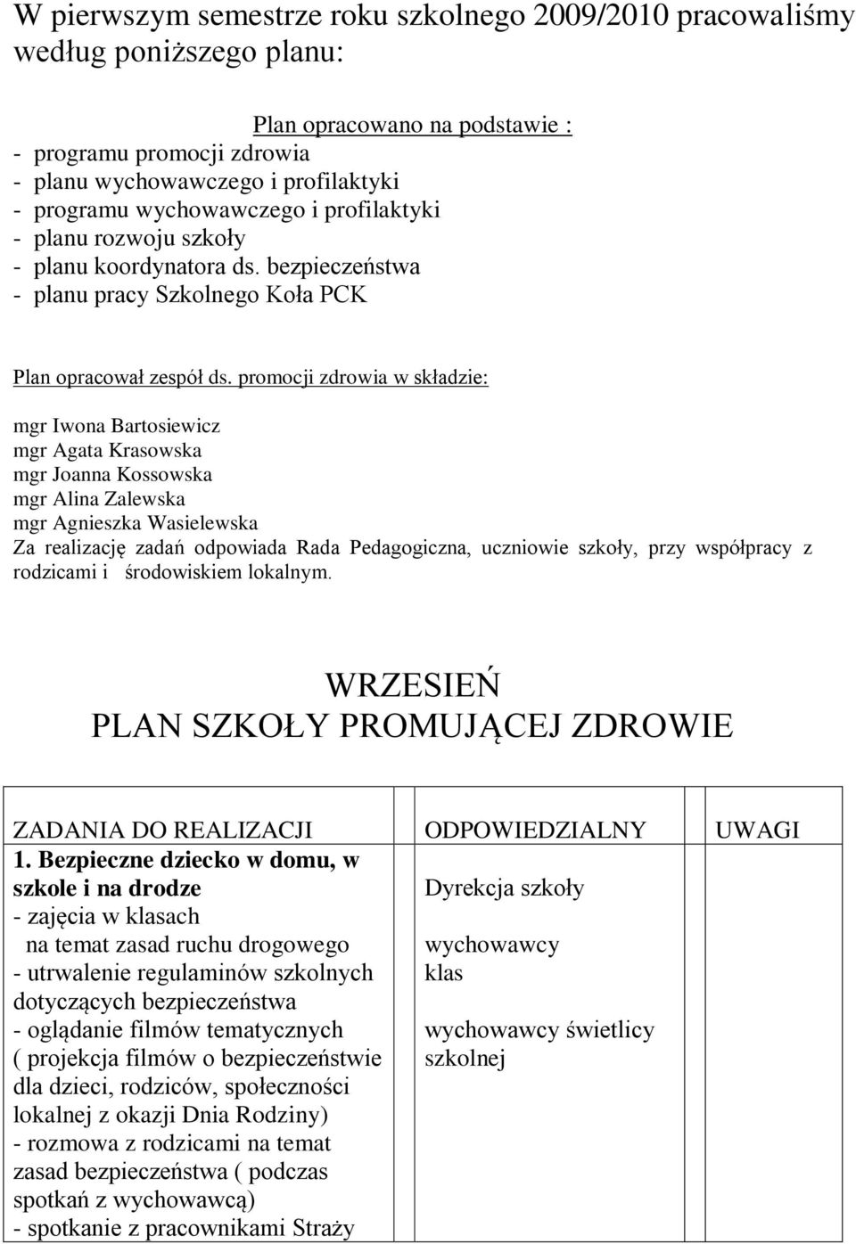 promocji zdrowia w składzie: mgr Iwona Bartosiewicz mgr Agata Krasowska mgr Joanna Kossowska mgr Alina Zalewska mgr Agnieszka Wasielewska Za realizację zadań odpowiada Rada Pedagogiczna, uczniowie