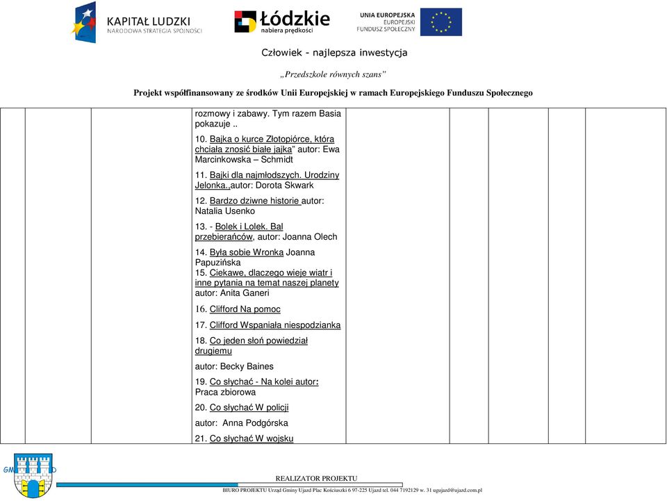 Była sobie Wronka Joanna Papuzińska 15. Ciekawe, dlaczego wieje wiatr i inne pytania na temat naszej planety autor: Anita Ganeri 16. Clifford Na pomoc 17.