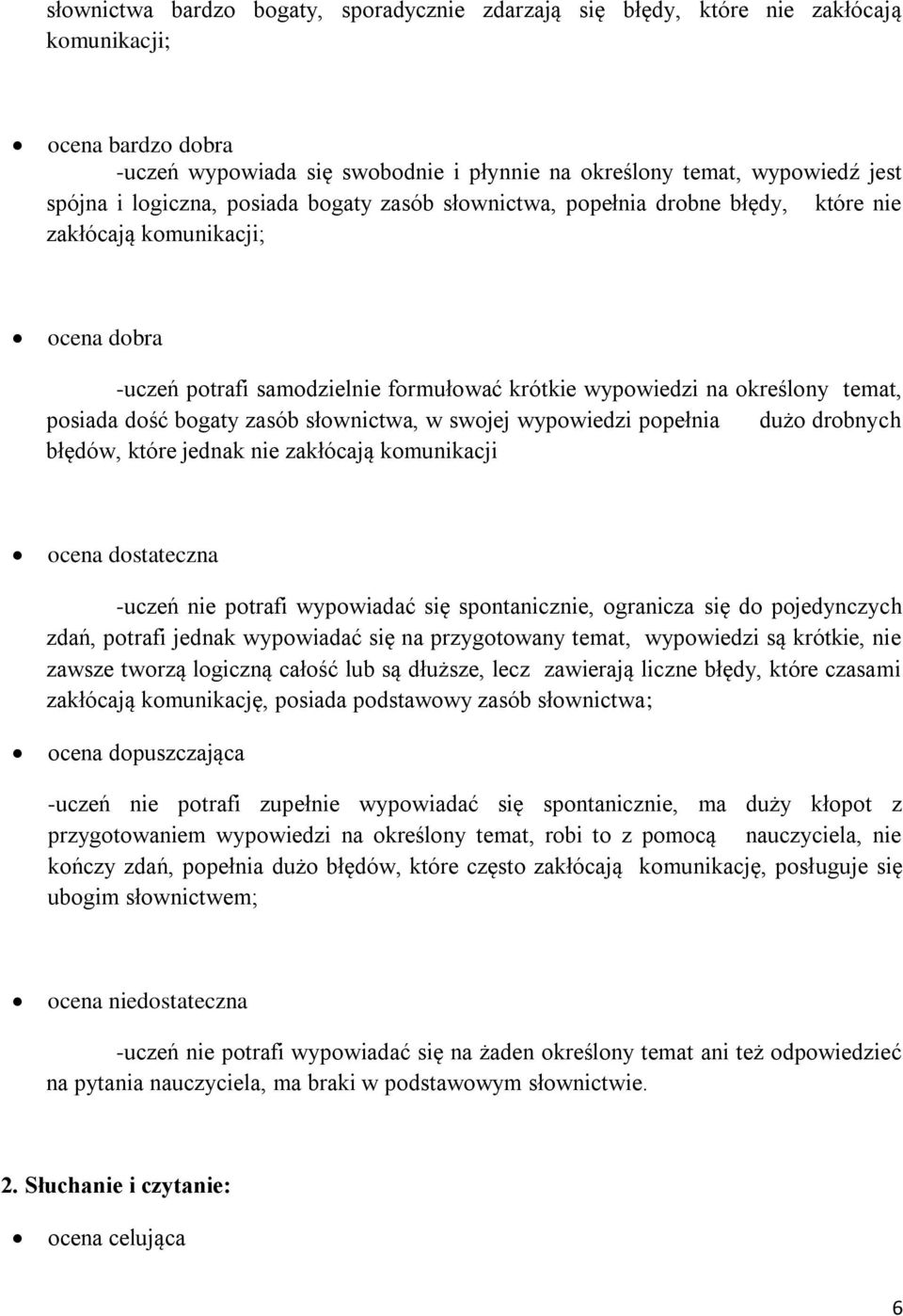 dość bogaty zasób słownictwa, w swojej wypowiedzi popełnia dużo drobnych błędów, które jednak nie zakłócają komunikacji ocena dostateczna -uczeń nie potrafi wypowiadać się spontanicznie, ogranicza