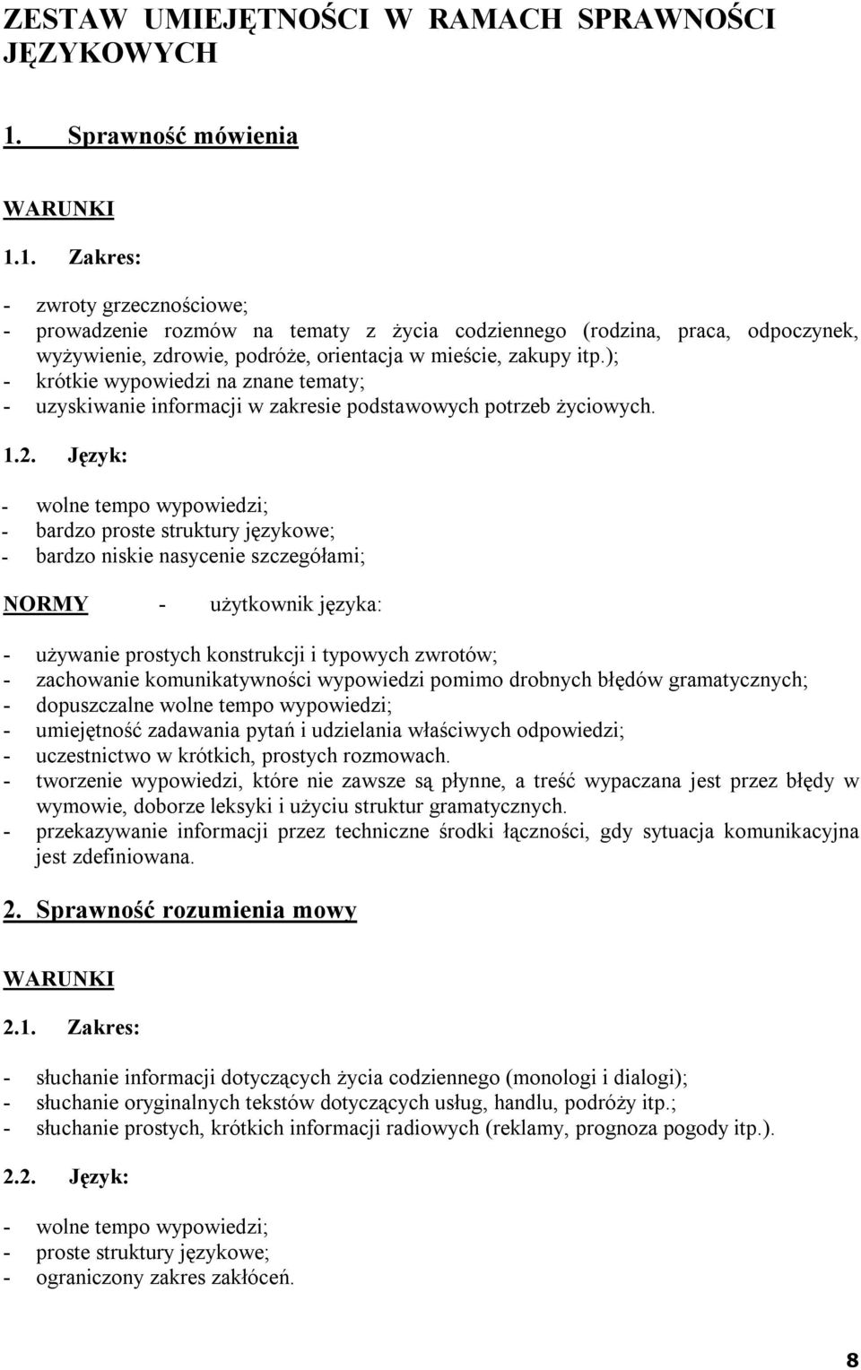 1. Zakres: - zwroty grzecznościowe; - prowadzenie rozmów na tematy z życia codziennego (rodzina, praca, odpoczynek, wyżywienie, zdrowie, podróże, orientacja w mieście, zakupy itp.