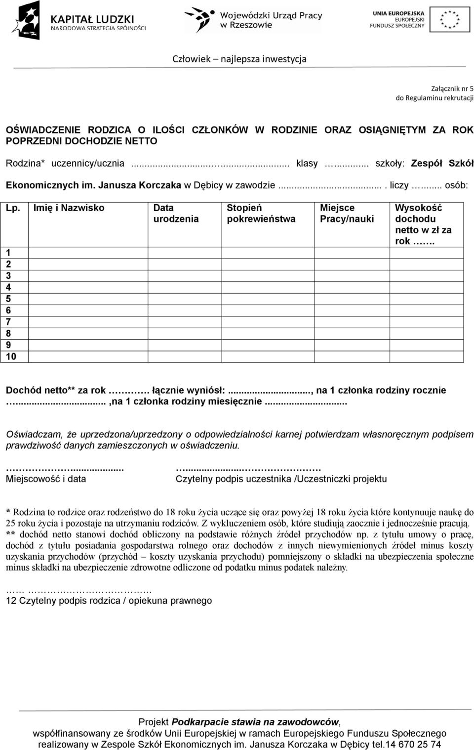 Imię i Nazwisko Data urodzenia 1 2 3 4 5 6 7 8 9 10 Stopień pokrewieństwa Miejsce Pracy/nauki Wysokość dochodu netto w zł za rok. Dochód netto** za rok. łącznie wyniósł:.