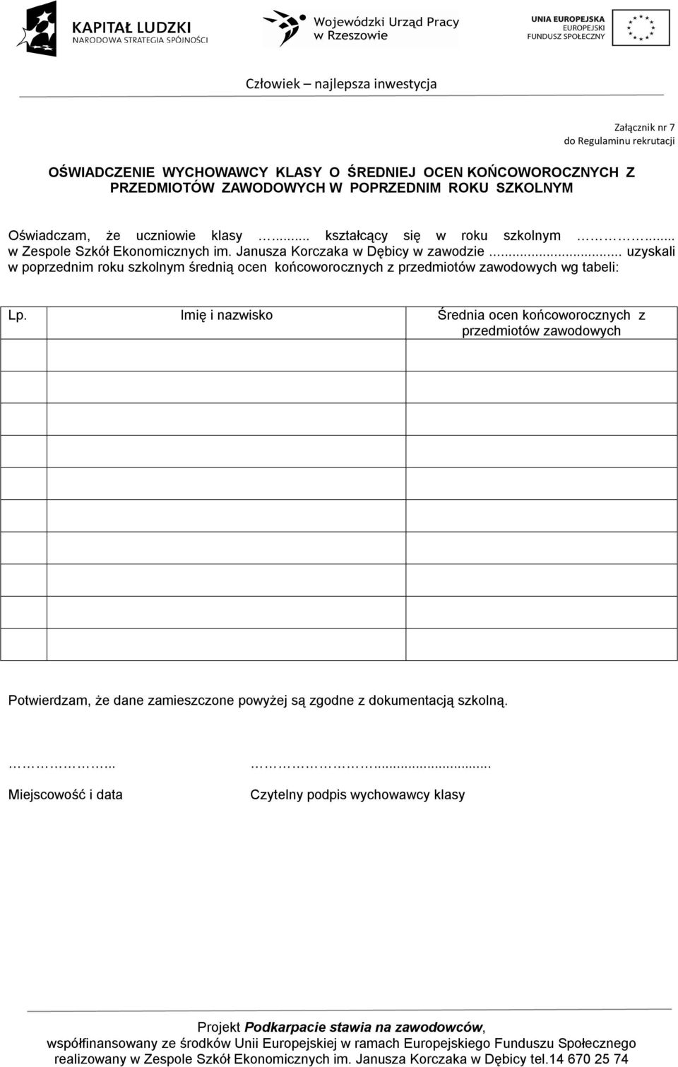 .. uzyskali w poprzednim roku szkolnym średnią ocen końcoworocznych z przedmiotów zawodowych wg tabeli: Lp.