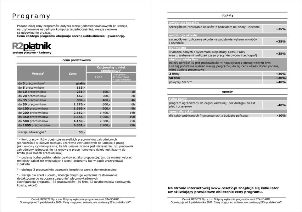 Wersja 1 cena podstawowa do 3 pracowników 3 gratis do 5 pracowników 116,- Opcjonalny pakiet szkoleniowy 2 Liczba godzin do wykorzystania w ciągu 6 miesięcy do 10 pracowników 231,- 100,- 1h do 20
