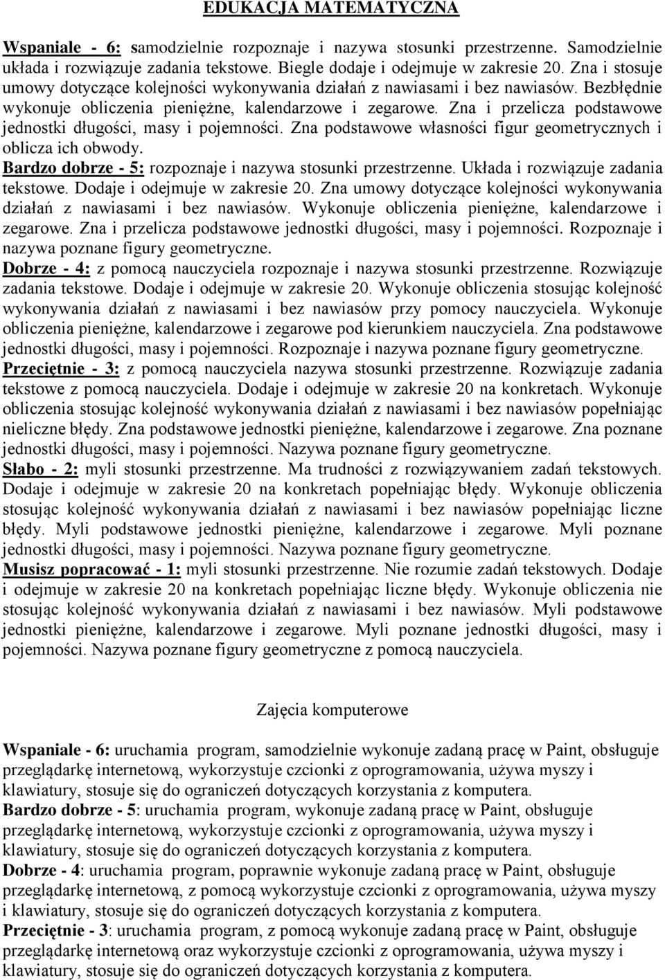 Zna i przelicza podstawowe jednostki długości, masy i pojemności. Zna podstawowe własności figur geometrycznych i oblicza ich obwody. Bardzo dobrze - 5: rozpoznaje i nazywa stosunki przestrzenne.