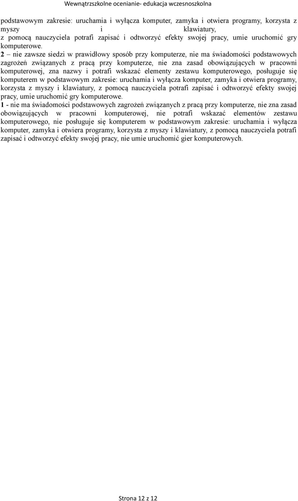 2 nie zawsze siedzi w prawidłowy sposób przy komputerze, nie ma świadomości podstawowych zagrożeń związanych z pracą przy komputerze, nie zna zasad obowiązujących w pracowni komputerowej, zna nazwy i