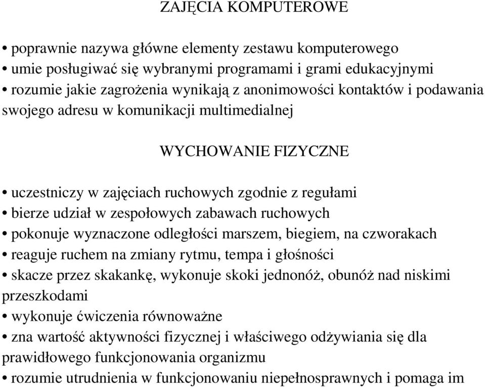 pokonuje wyznaczone odległości marszem, biegiem, na czworakach reaguje ruchem na zmiany rytmu, tempa i głośności skacze przez skakankę, wykonuje skoki jednonóż, obunóż nad niskimi