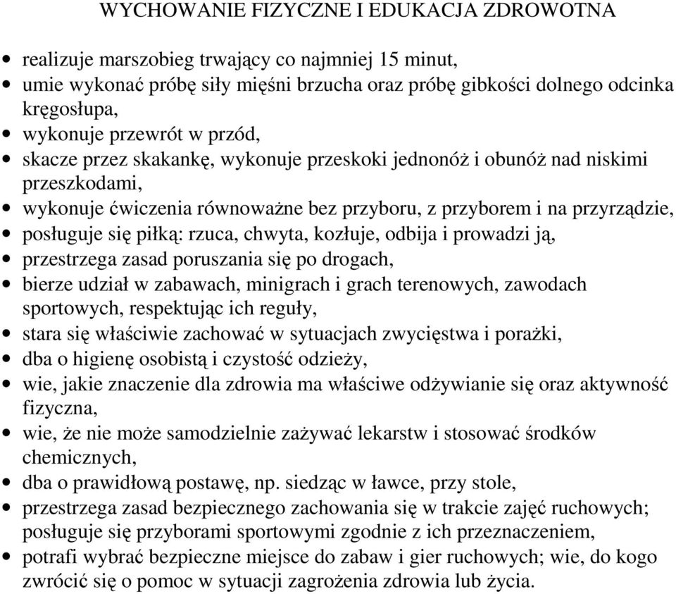 chwyta, kozłuje, odbija i prowadzi ją, przestrzega zasad poruszania się po drogach, bierze udział w zabawach, minigrach i grach terenowych, zawodach sportowych, respektując ich reguły, stara się