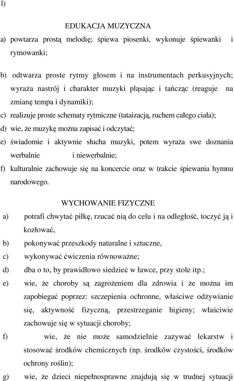 słucha muzyki, potem wyraża swe doznania werbalnie i niewerbalnie; f) kulturalnie zachowuje się na koncercie oraz w trakcie śpiewania hymnu narodowego.