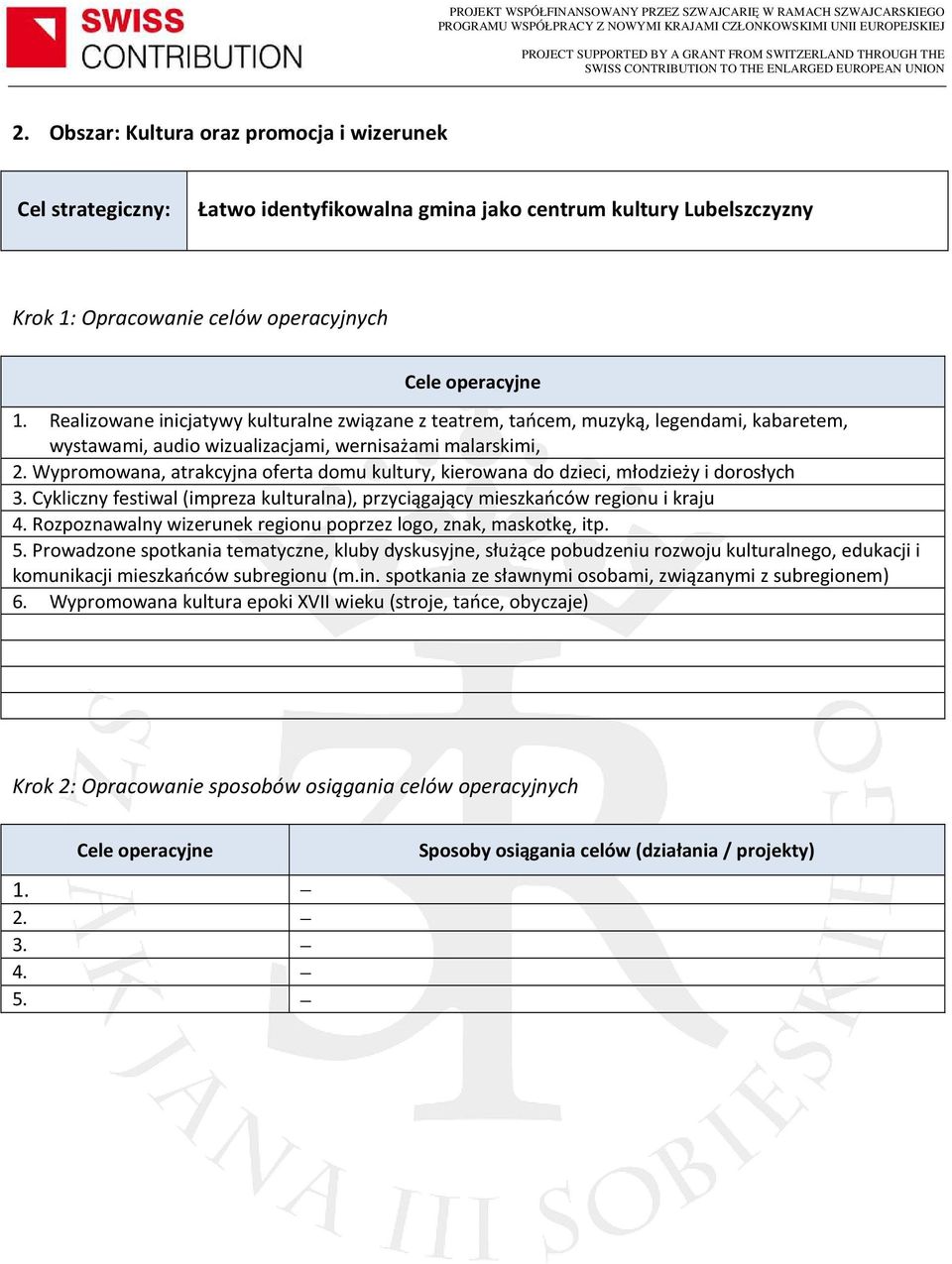 Wypromowana, atrakcyjna oferta domu kultury, kierowana do dzieci, młodzieży i dorosłych 3. Cykliczny festiwal (impreza kulturalna), przyciągający mieszkańców regionu i kraju 4.