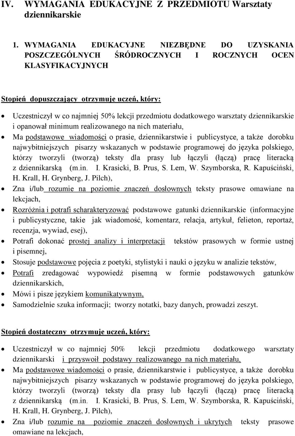 dodatkowego warsztaty dziennikarskie i opanował minimum realizowanego na nich materiału, Ma podstawowe wiadomości o prasie, dziennikarstwie i publicystyce, a także dorobku najwybitniejszych pisarzy