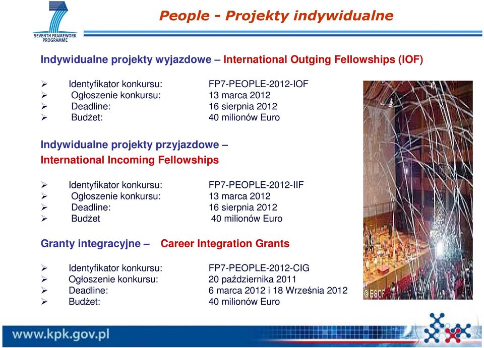 Identyfikator konkursu: FP7-PEOPLE-2012-IIF Ogłoszenie konkursu: 13 marca 2012 Deadline: 16 sierpnia 2012 Budżet 40 milionów Euro Granty integracyjne Career