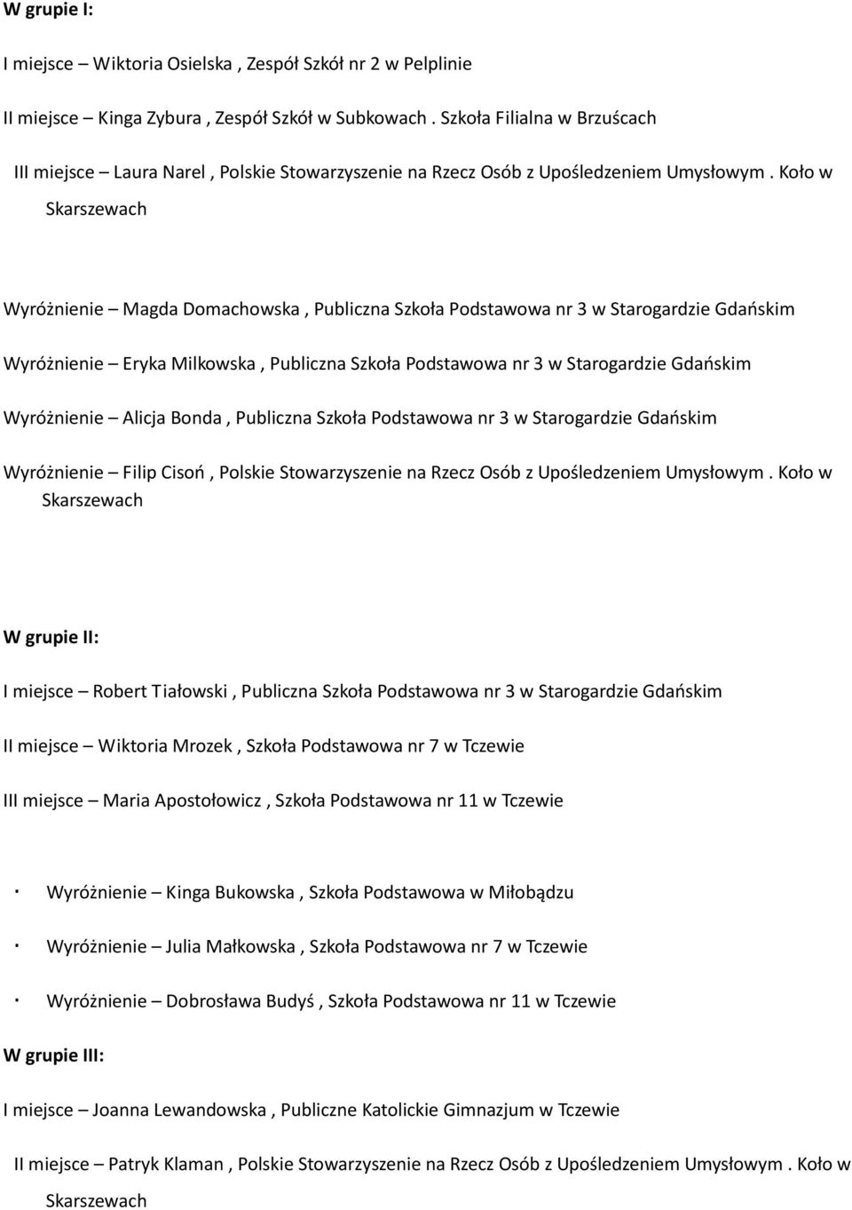 Koło w Skarszewach Wyróżnienie Magda Domachowska, Publiczna Szkoła Podstawowa nr 3 w Starogardzie Gdańskim Wyróżnienie Eryka Milkowska, Publiczna Szkoła Podstawowa nr 3 w Starogardzie Gdańskim