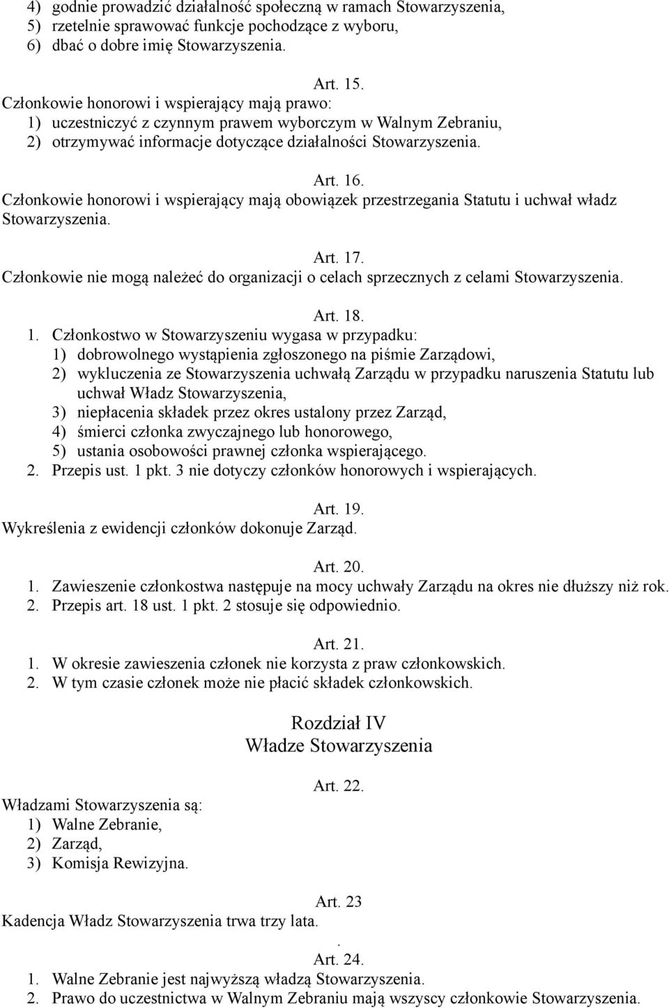 Członkowie honorowi i wspierający mają obowiązek przestrzegania Statutu i uchwał władz Stowarzyszenia. Art. 17. Członkowie nie mogą należeć do organizacji o celach sprzecznych z celami Stowarzyszenia.