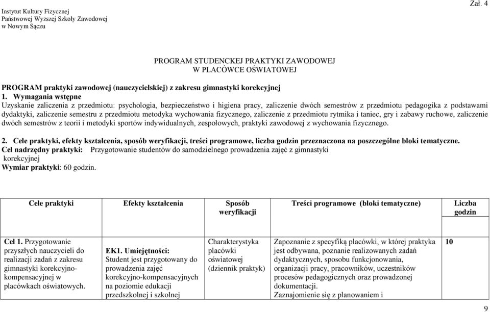 Wymagania wstępne Uzyskanie zaliczenia z przedmiotu: psychologia, bezpieczeństwo i higiena pracy, zaliczenie dwóch semestrów z przedmiotu pedagogika z podstawami dydaktyki, zaliczenie semestru z