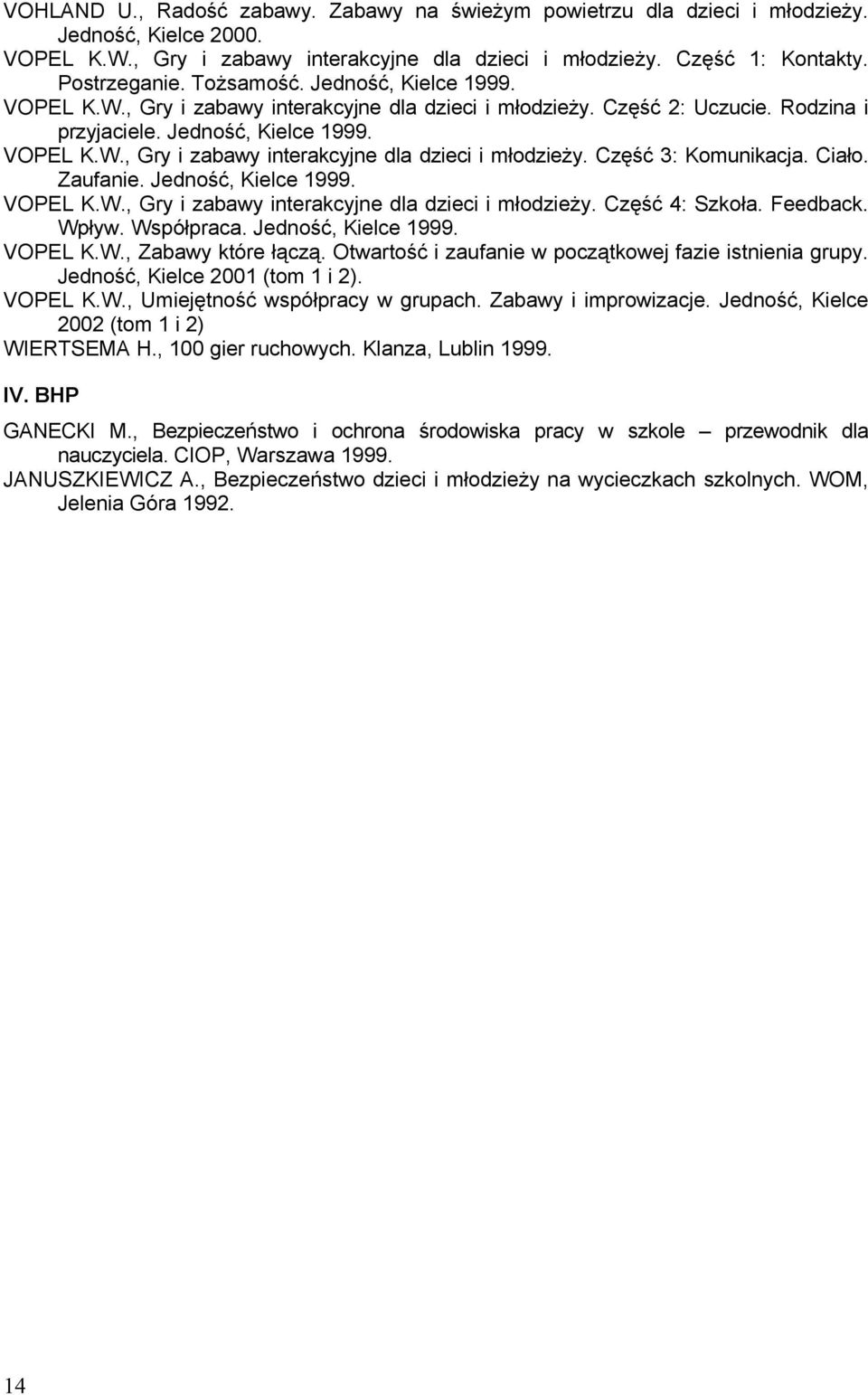 Ciało. Zaufanie. Jedność, Kielce 1999. VOPEL K.W., Gry i zabawy interakcyjne dla dzieci i młodzieży. Część 4: Szkoła. Feedback. Wpływ. Współpraca. Jedność, Kielce 1999. VOPEL K.W., Zabawy które łączą.