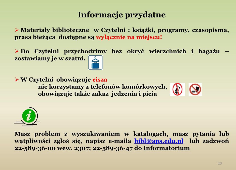 W Czytelni obowiązuje cisza nie korzystamy z telefonów komórkowych, obowiązuje także zakaz jedzenia i picia Masz problem z